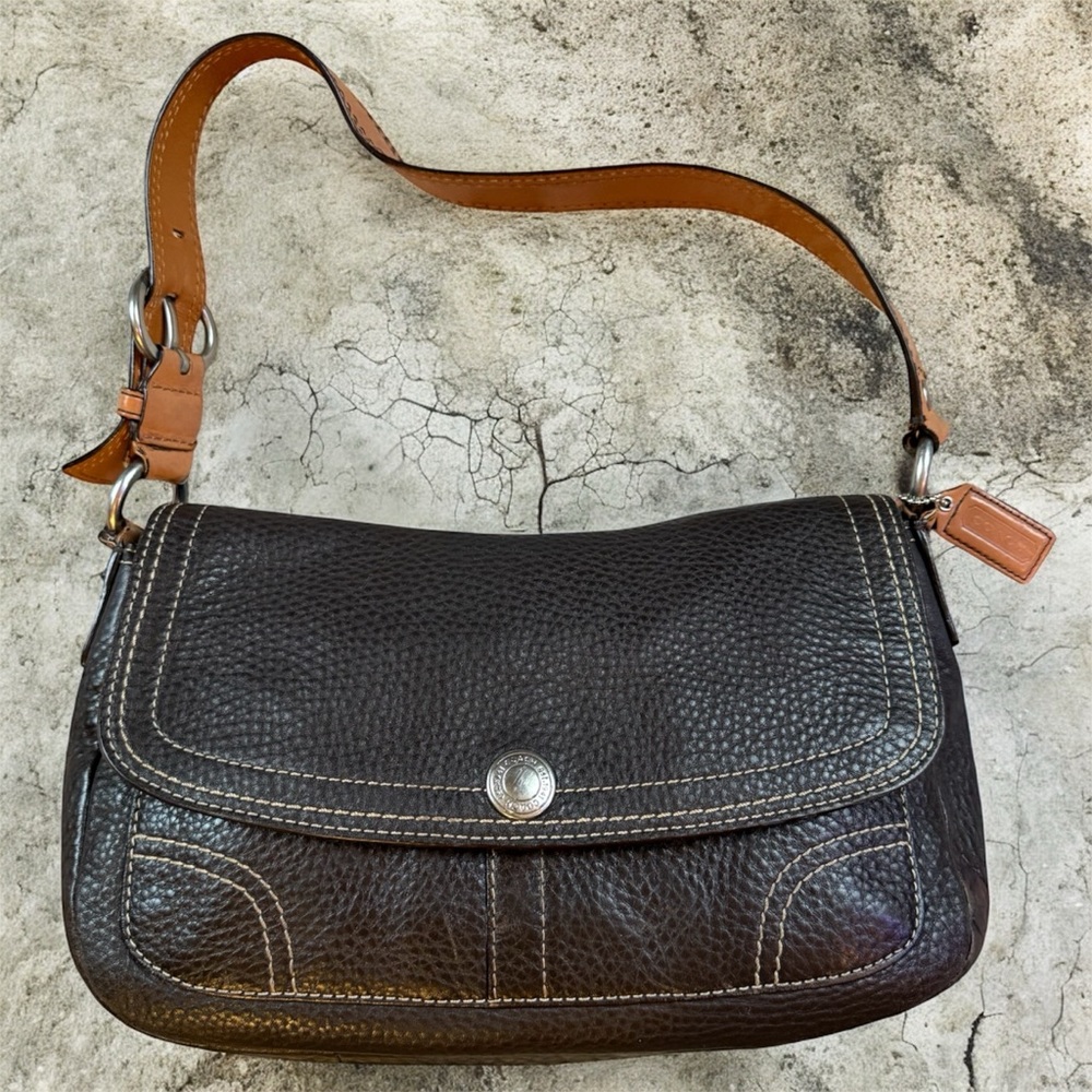 ❌SOLD🏷️Vintage COACH Brown Pebble Leather Shoulder Bag, "Chelsea" Flap Bag - Picture 1 of 12